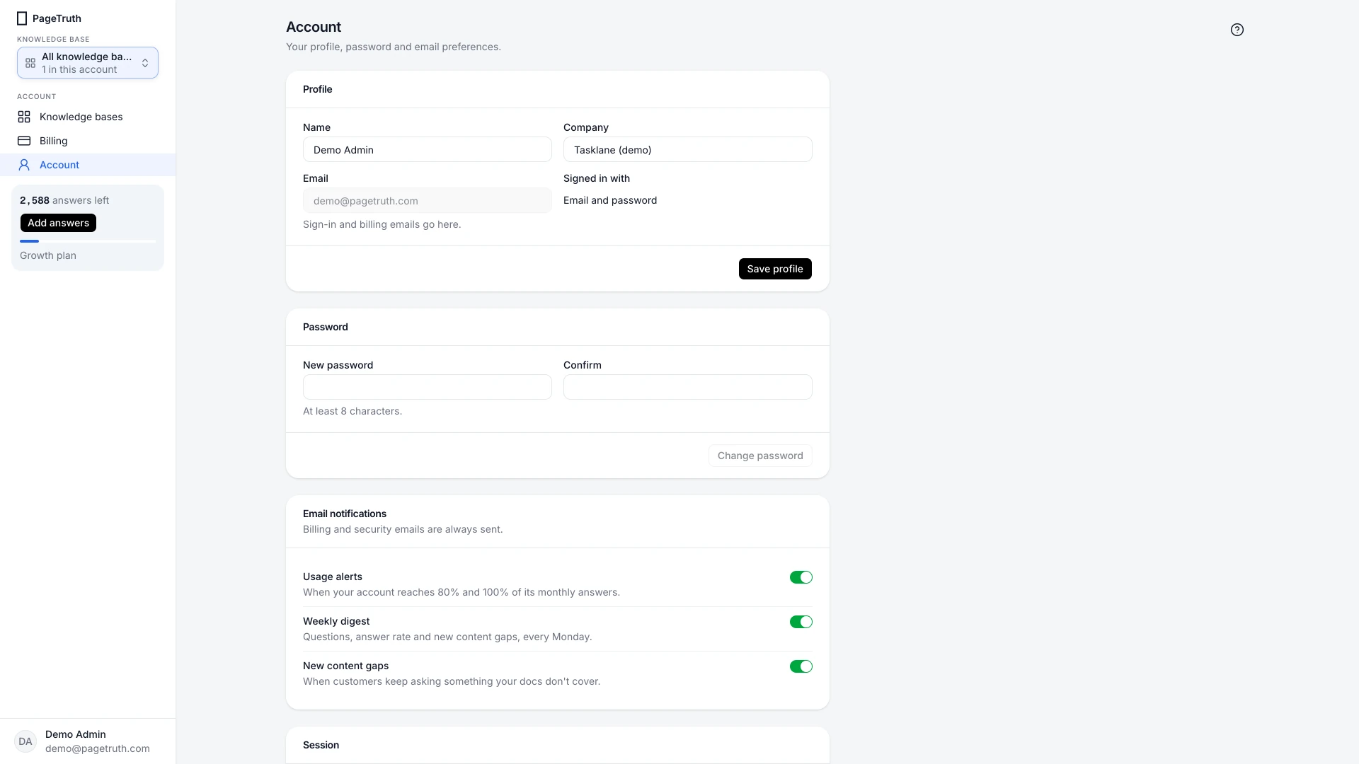 The Account page with Profile and Email notifications