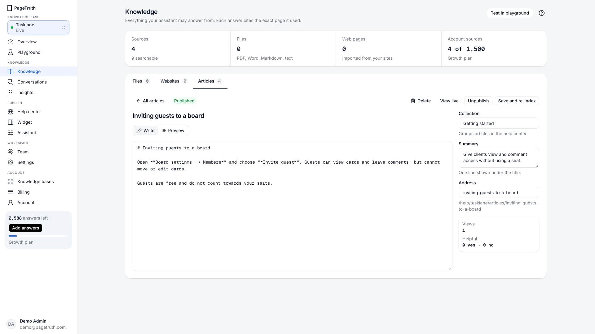 The article editor with the title, Markdown body and the settings beside it