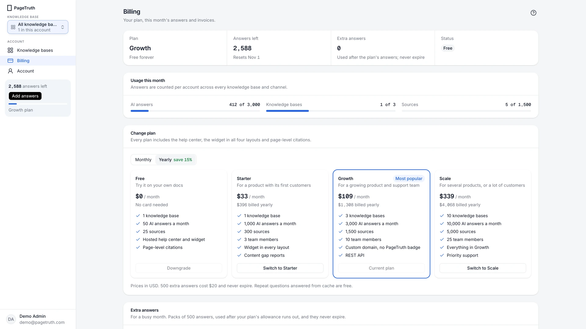 The Billing page with usage this month and the plan cards