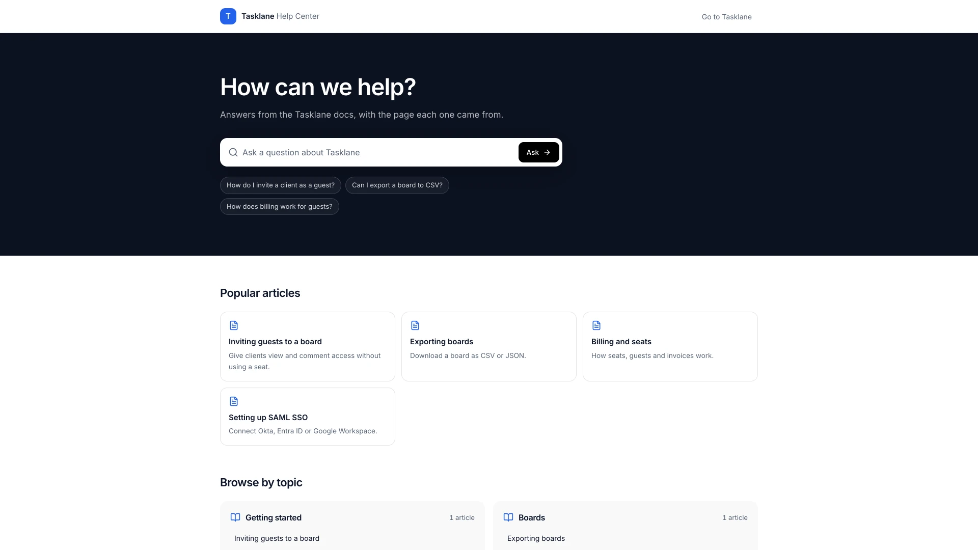A live help center with its search box and suggested questions