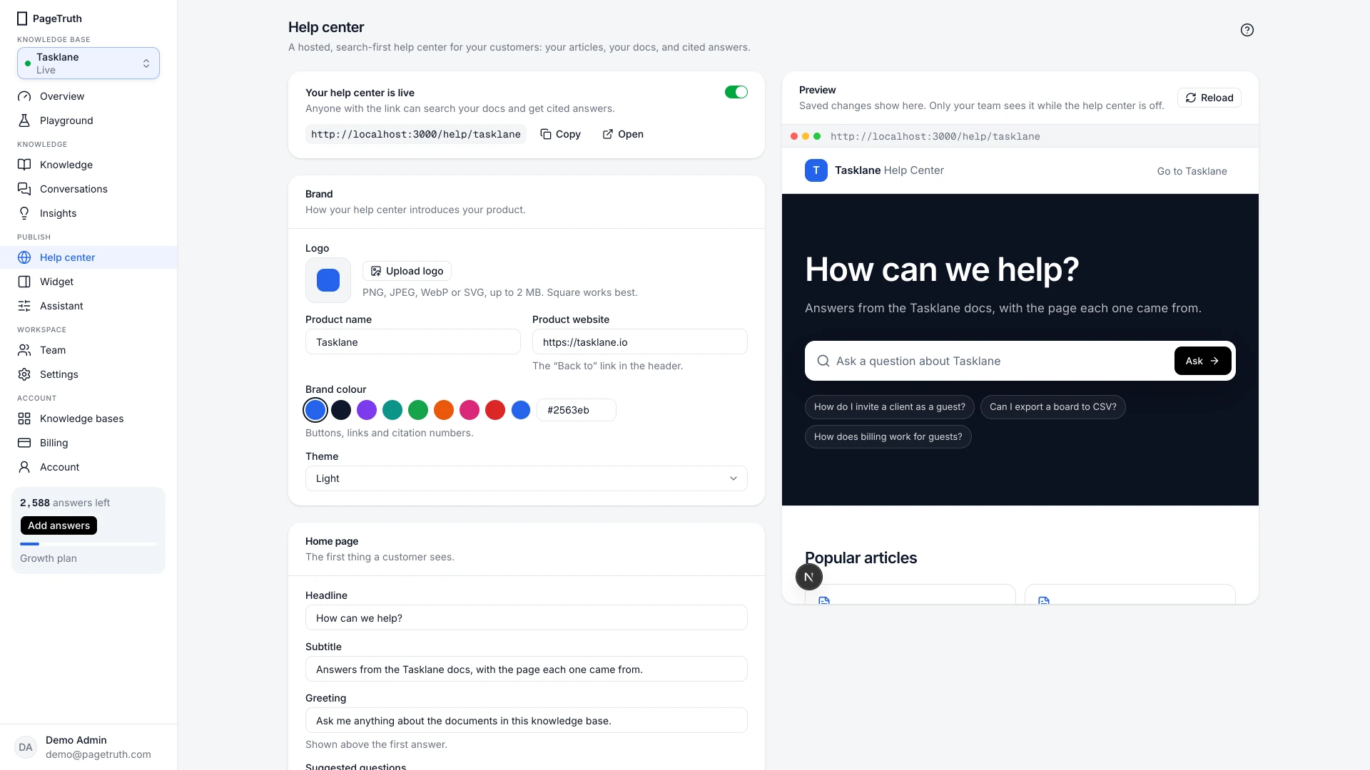 The Help center settings with the switch, brand fields and the preview