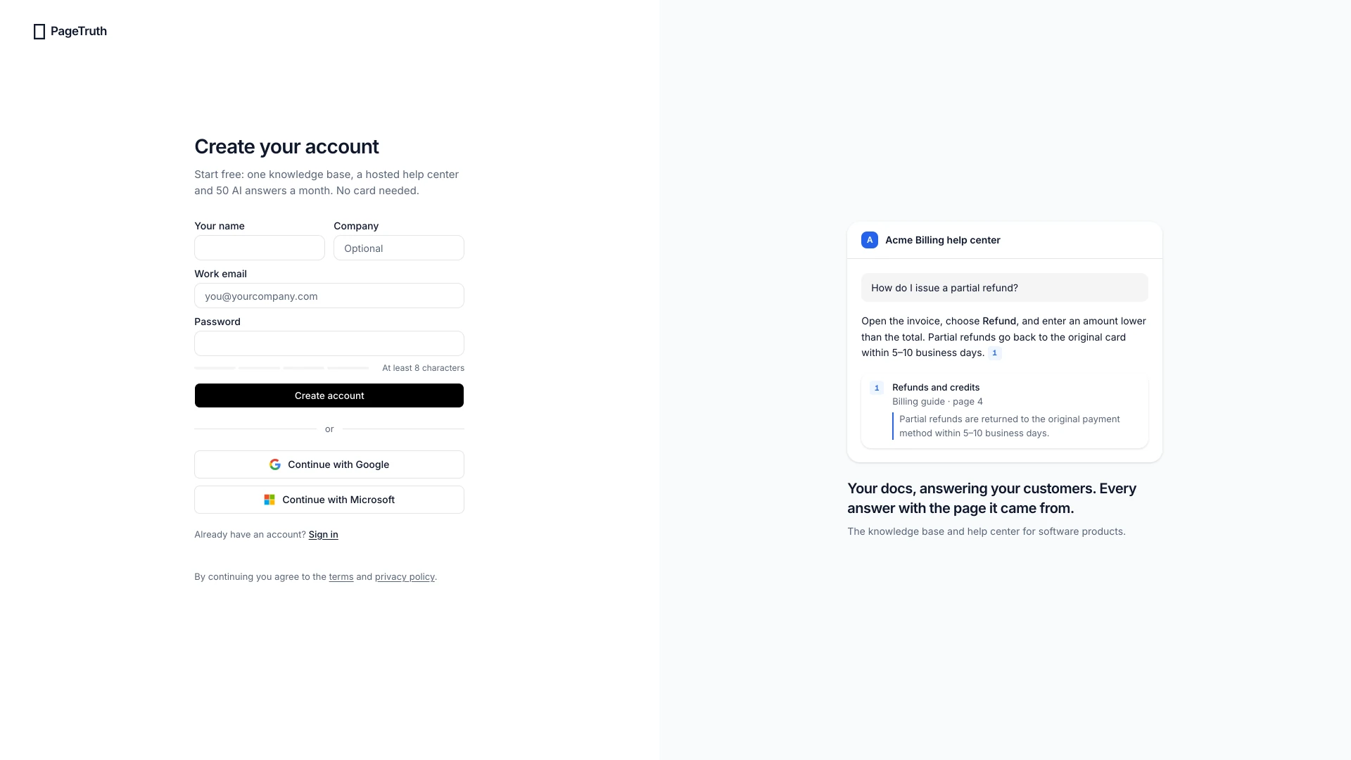 The Create your account page with Google, Microsoft and the email form