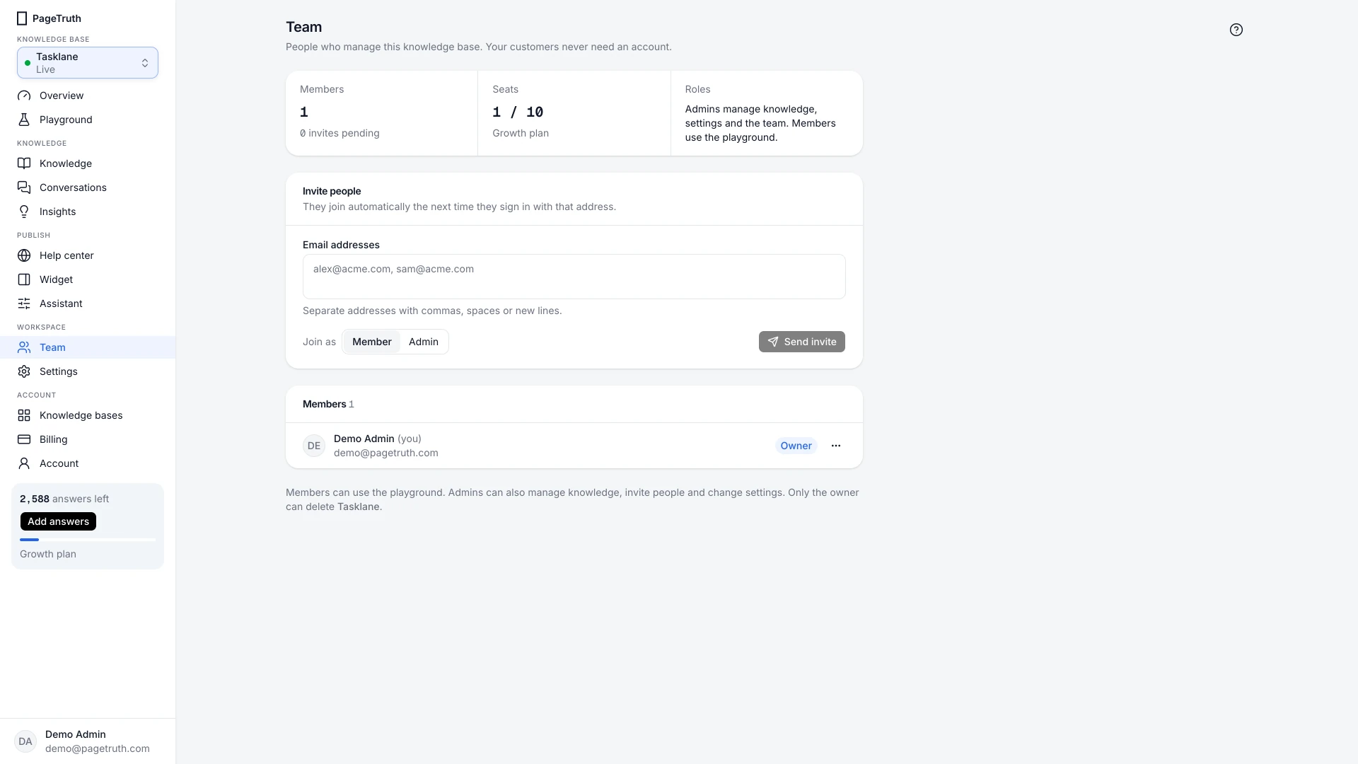 The Team page with the Invite people form and the member list