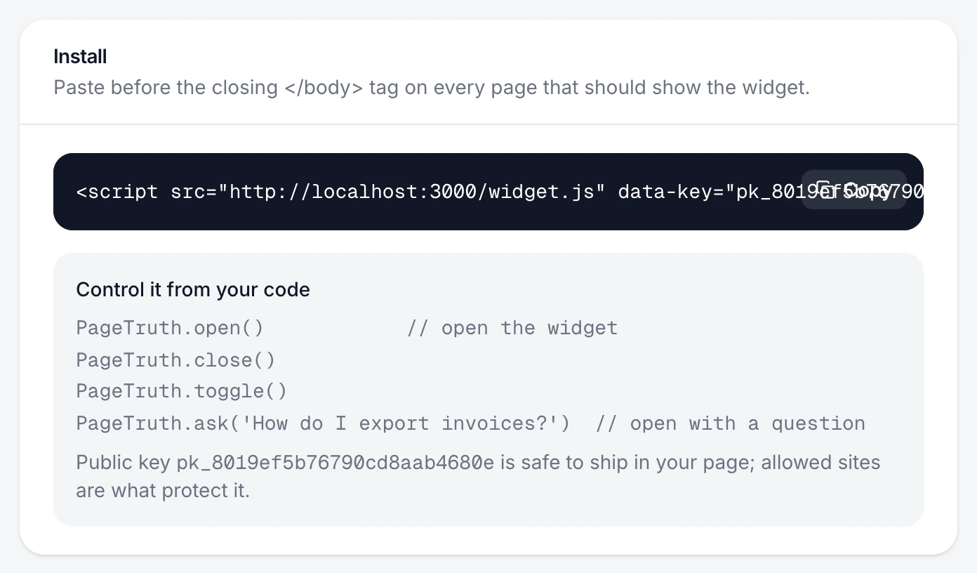 The Install section with the snippet and its copy button
